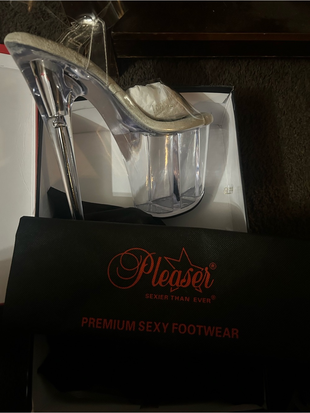 8” Pleaser Clear Lucite Platform Stiletto Heels with Chrome Accents